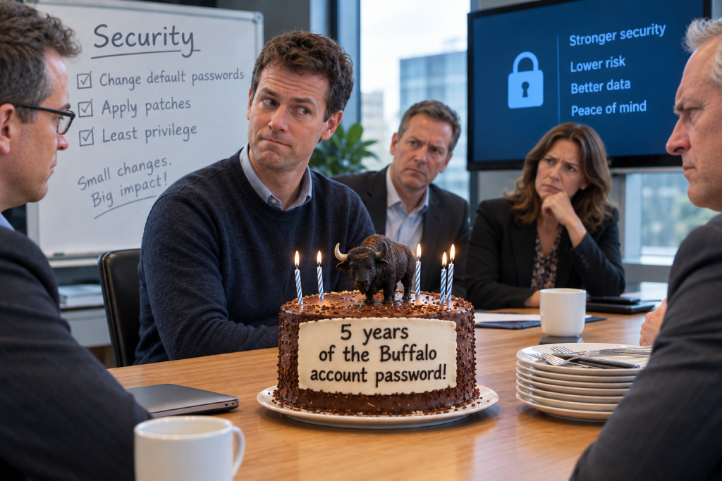 Artists impression of a database administrator treating cake to management. The text on the cake reads "5 years of the Buffalo account password!".